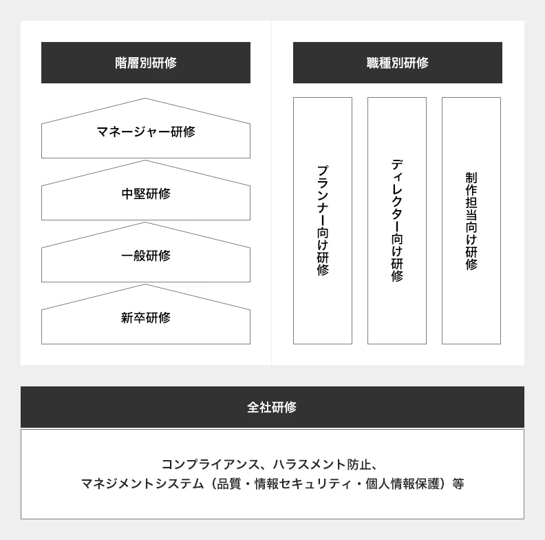 階層別研修にはマネージャー研修、中堅研修、一般研修、新卒研修が、職種別研修にはプランナー向け研修、ディレクター向け研修、制作担当向け研修が、全社研修にはコンプライアンス、ハラスメント防止、マネジメントシステム（品質・情報セキュリティ・個人情報保護）研修があります。