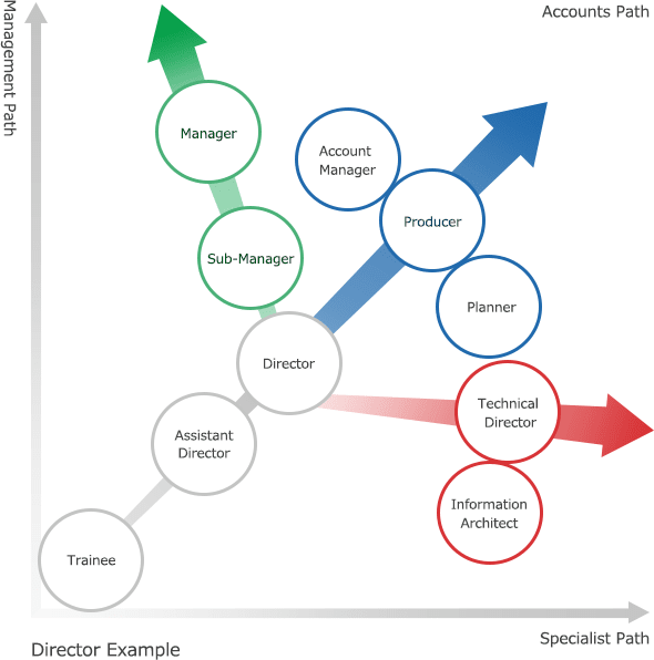 Detailed is a director’s typical career path. Once training has been completed, employees become assistant directors. They then become directors. After some time, those who are management-oriented become sub-managers and then managers; those who are account-oriented become producers, account managers or planners. For directors who are more interested in developing their specialism, they can take the path to become technical directors or Information architect.