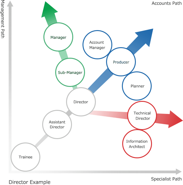 Detailed is a director’s typical career path. Once training has been completed, employees become assistant directors. They then become directors. After some time, those who are management-oriented become sub-managers and then managers; those who are account-oriented become producers, account managers or planners. For directors who are more interested in developing their specialism, they can take the path to become technical directors or Information architect. 