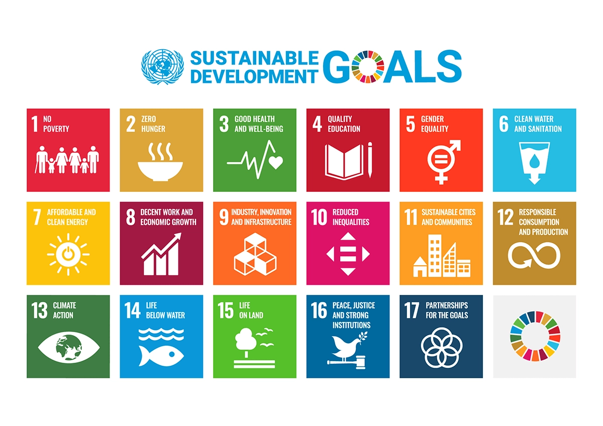 SUSTAINABLE DEVELOPMENT GOALS:1 No poverty, 2 Zero hunger, 3 Good health and well-being, 4 Quality education, 5 Gender equality, 6 Clean water and sanitation, 7 Affordable and clean energy, 8 Decent work and economic growth, 9 Industry, innovation and infrastructure, 10 Reduced inequalities, 11 Sustainable cities and communities, 12 Responsible consumption and production, 13 Climate action, 14 Life Below Water, 15 Life on land, 16 Peace, justice and strong institutions, 17 Partnerships for the goals
