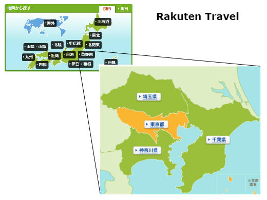 Image shows the interactive map on Rakuten Travel's landing page