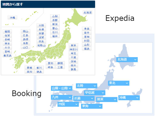 Image shows the interactive maps on Booking and Expedia's Japanese websites