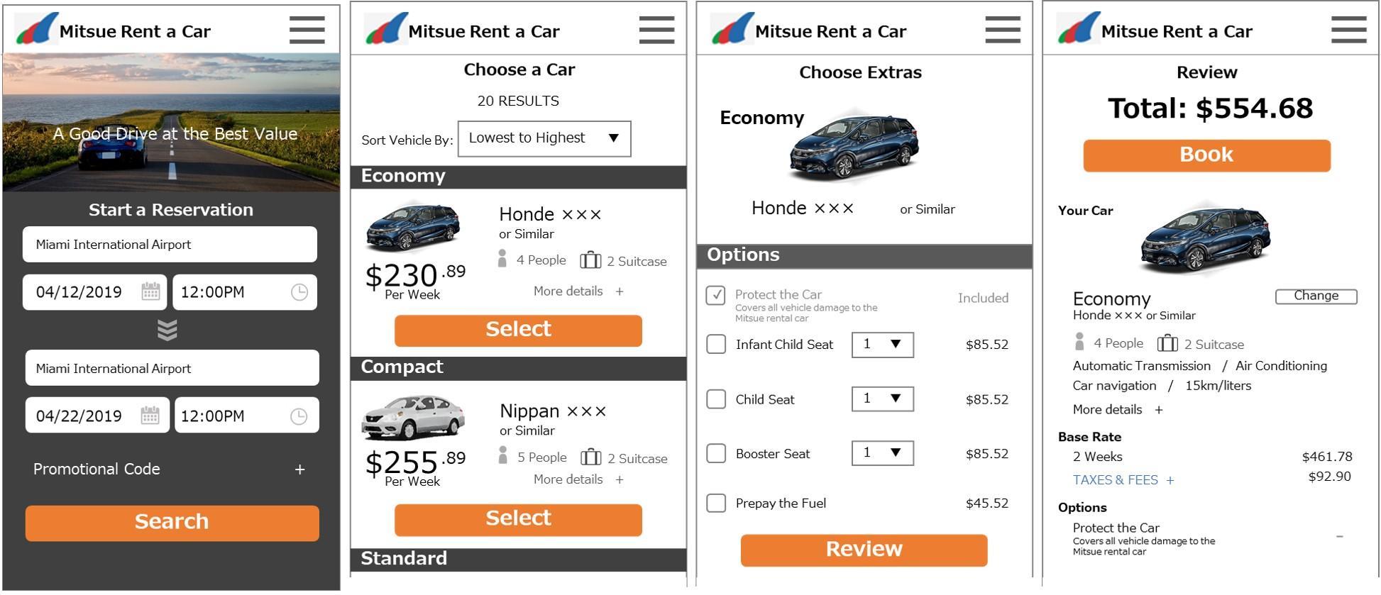 Screens of rentacar app