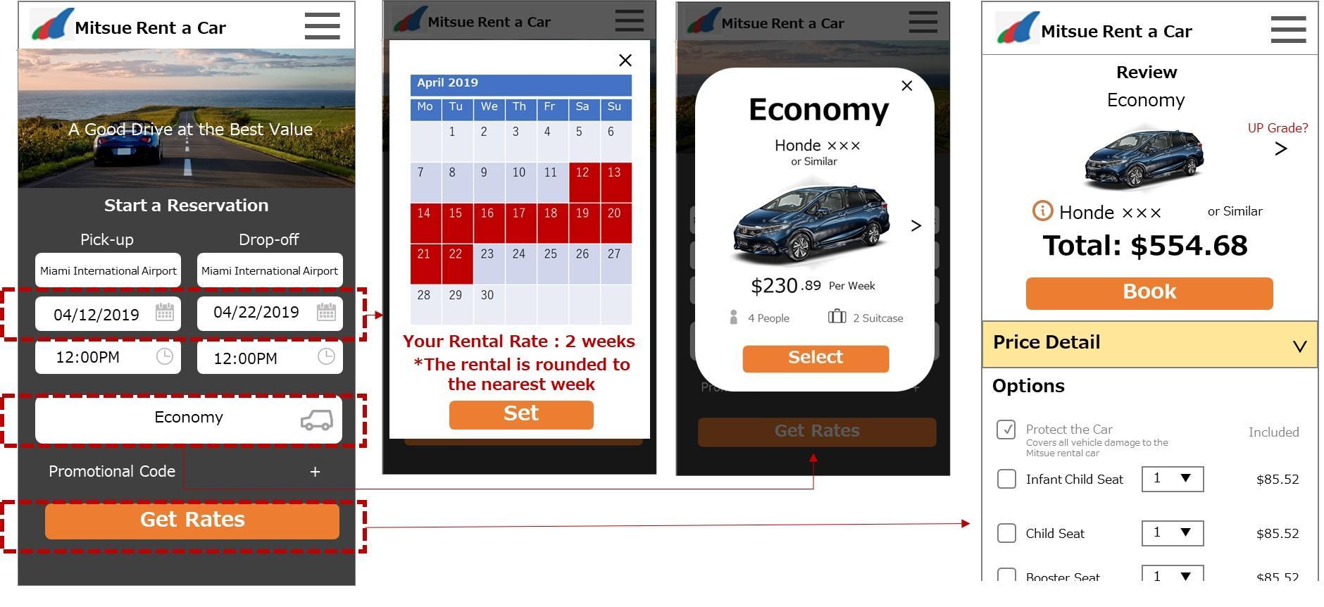 Improved screens of rentacar app