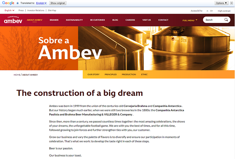 English machine-translation of a page on Ambev's website. There are some errors in the translation