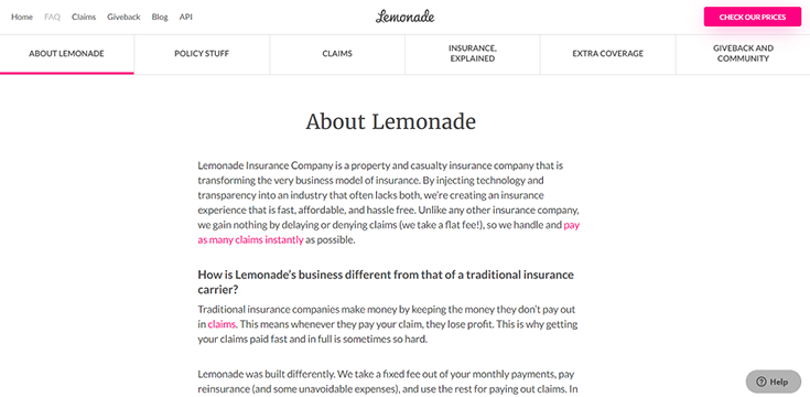 Lemonade's FAQ page with jumplinks for - about Lemonade, policy stuff, claims, insurance explained, extra coverage, and giveback and community