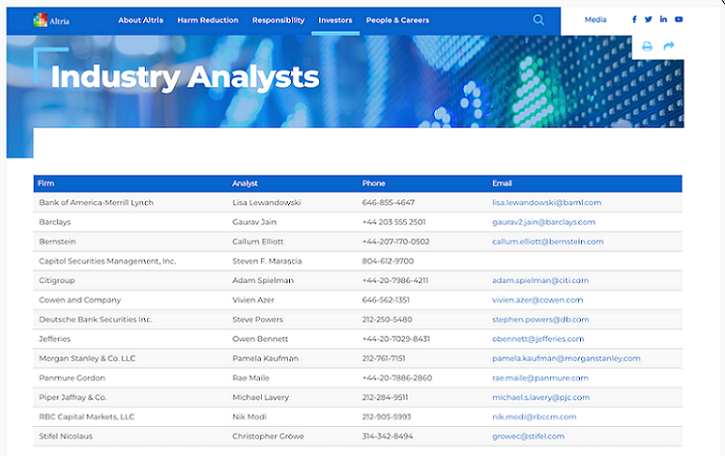 Screen capture of analyst contact information on Altria`s corporate website