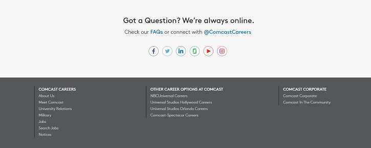 Screen capture of Comcast`s recruitment website