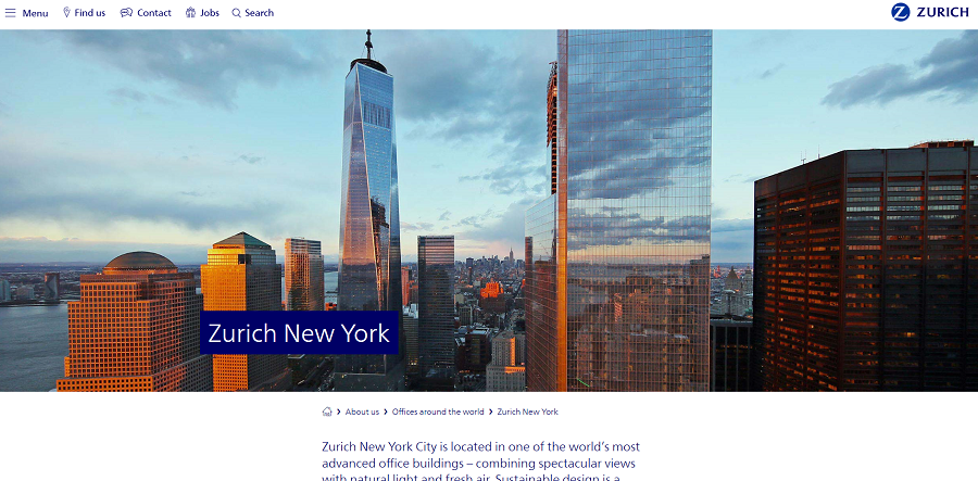 Screen capture of Zurich's Offices Around the World page for New York