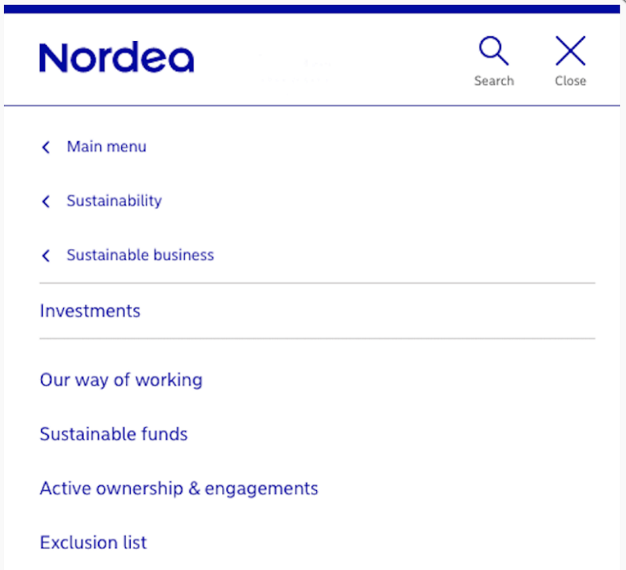 Screen capture of Nordea's mobile menu