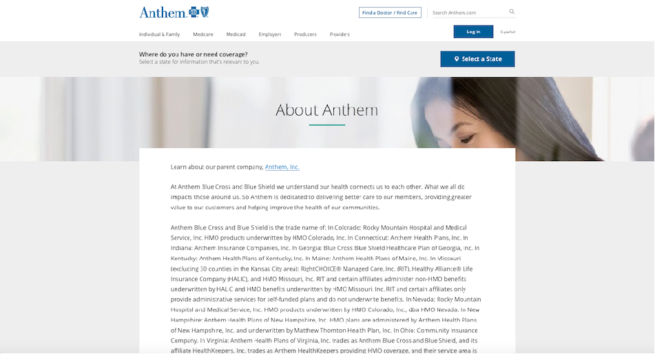 Screen capture of Anthem's About page