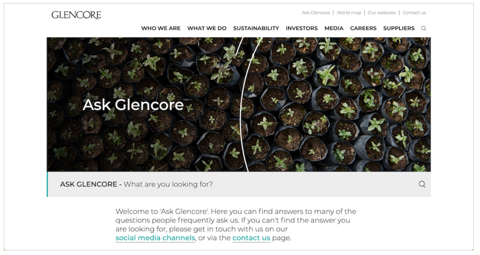 Screen capture of Glencore's FAQ page