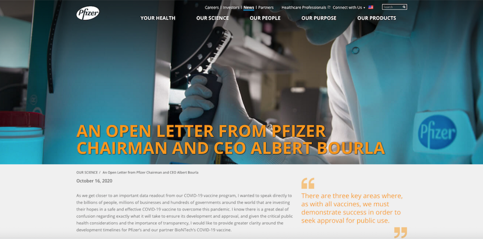 Screen shot from Pfizer website