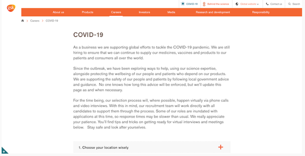 Screenshot of GSK's recruitment related Covid page