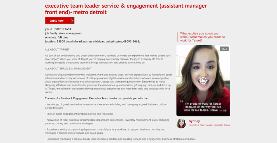 Screenshot from Target's recruitment website