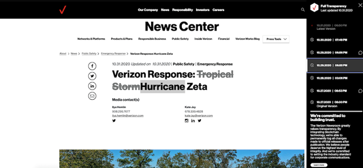 Screen capture of Verizon's news center