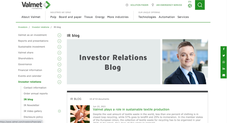 screenshot of Valmet's investor blog