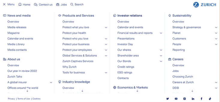 Zurichの企業サイトの「メニュー」コンテンツ