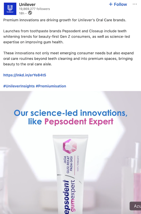 A recent LinkedIn post from Unilever, utilising video contentUnileverが最近LinkedInに投稿した動画コンテンツの事例