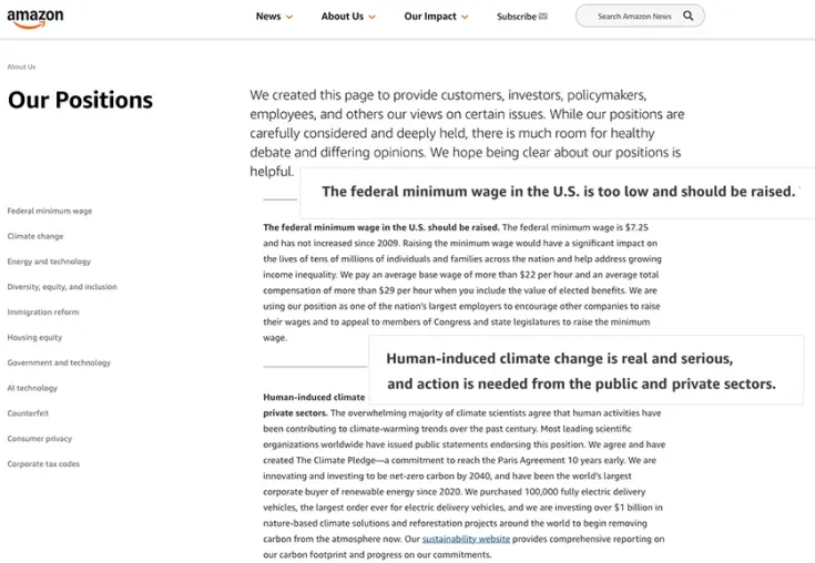 Amazonは「Our Positions」ページで、明確かつ曖昧さのない表現で自社の方針を示しています