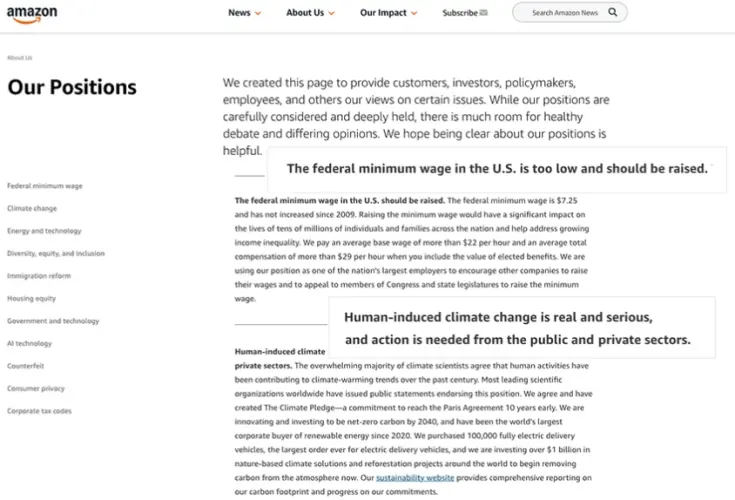 Our Positions on aboutamazon.com
aboutamazon.comにある「私たちの見解」ページ