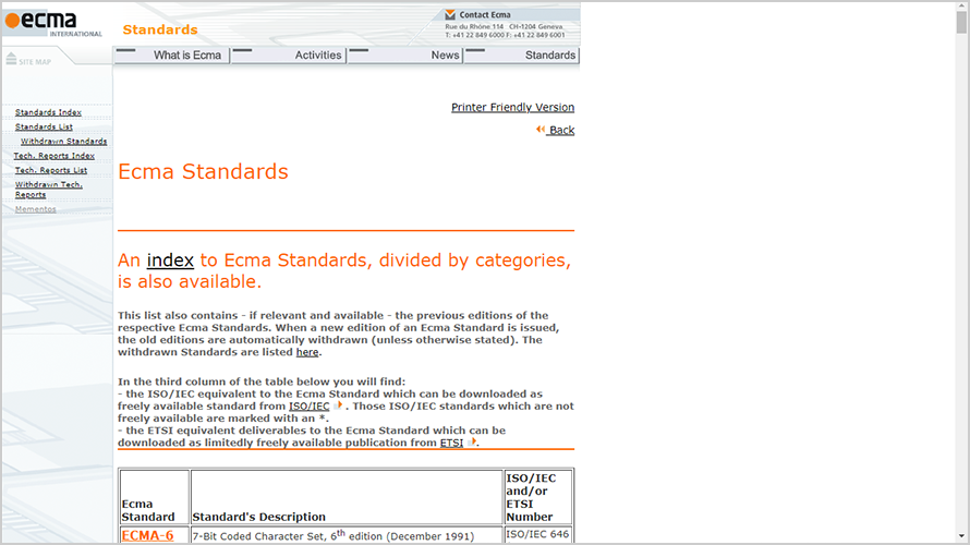 Ecma Standards - list
