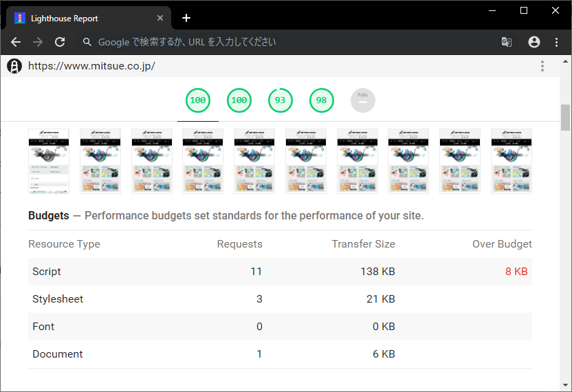 Lighthouse上でPerformance Budgetを表示したキャプチャ