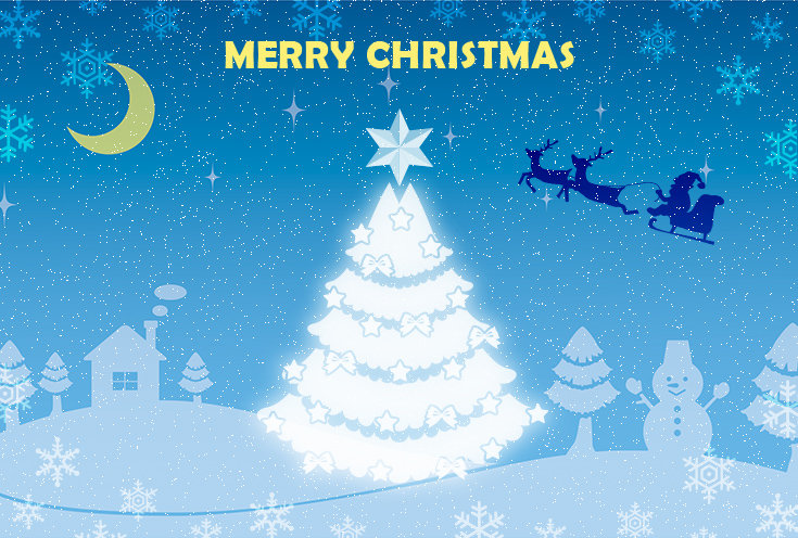 オーバーレイを使ってサンタのシルエットと雪の結晶のあしらいを背景になじませたクリスマスカード