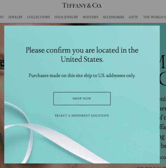 Tiffanyの.com Webサイトで初回訪問時に表示されるオーバーレイ