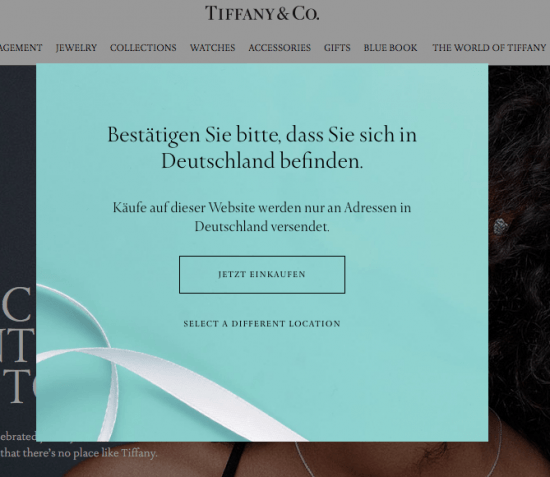 Tiffanyの.com Webサイトで初回訪問時に表示されるオーバーレイ（ドイツからアクセスしたためドイツ語で表示されている）