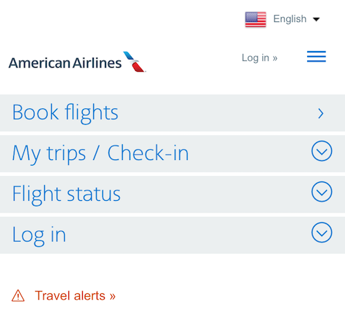 右上隅にグローバルゲートウェイがあるAmerican Airlinesのサイトのヘッダー