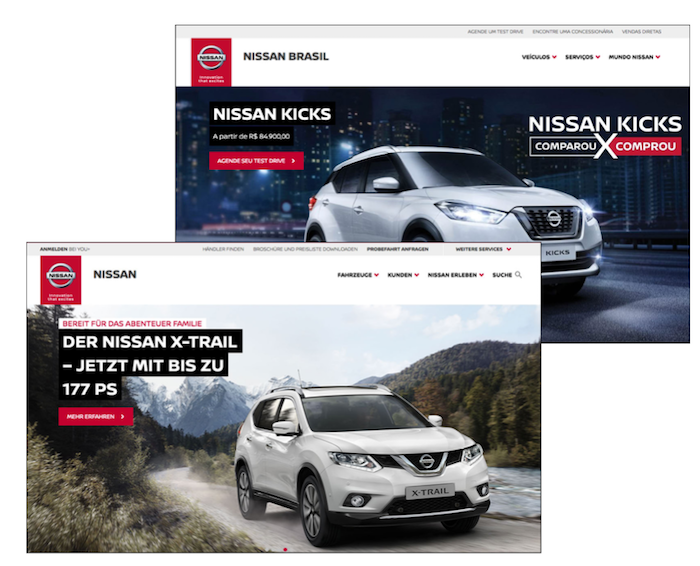 Nissanのドイツ向けとブラジル向けのサイトのトップページ