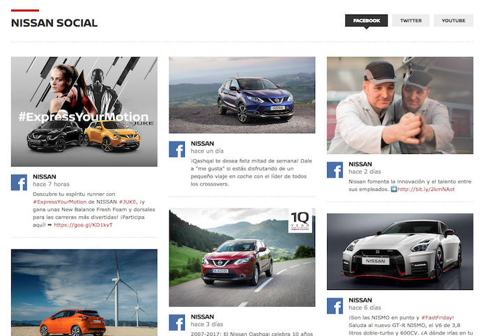 Facebookにスペイン語で投稿されたコンテンツの並ぶ、Nissanのスペイン向けサイトのトップページ
