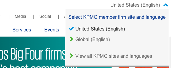 アメリカからの訪問者が目にするKPMGのWebサイトのグローバルゲートウェイ