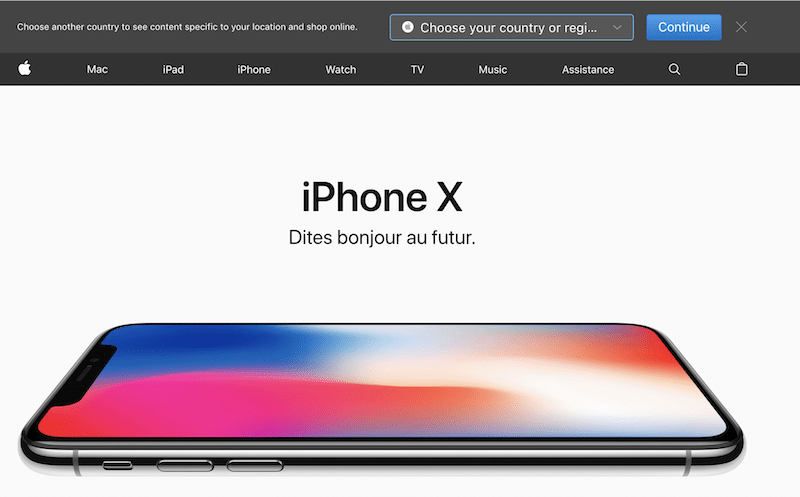 アメリカ国内からフランス向けのAppleのサイトにアクセスした際に表示される、英語で書かれたメッセージ「Choose another country to see content specific to your location and shop online.」