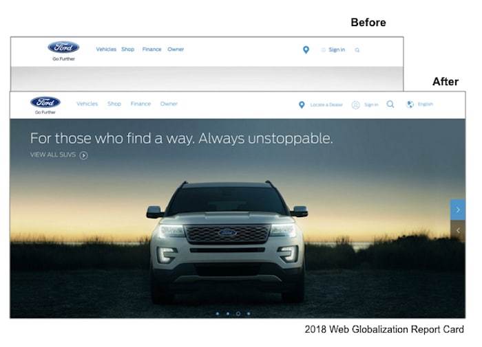 Fordのサイトのヘッダー、新旧比較。新しい方には地球のアイコンが表示されている。