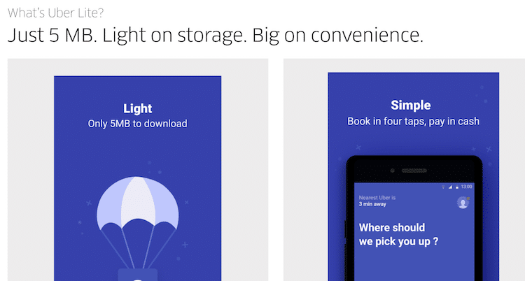 Uberのライト（軽量）版アプリの紹介画面