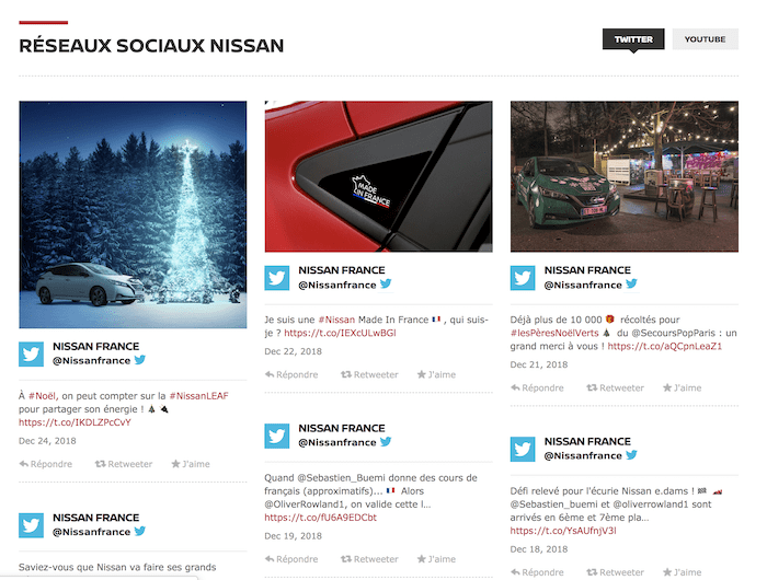 Nissanのフランス向けサイト。Twitterのソーシャルフィードが流し込まれている。