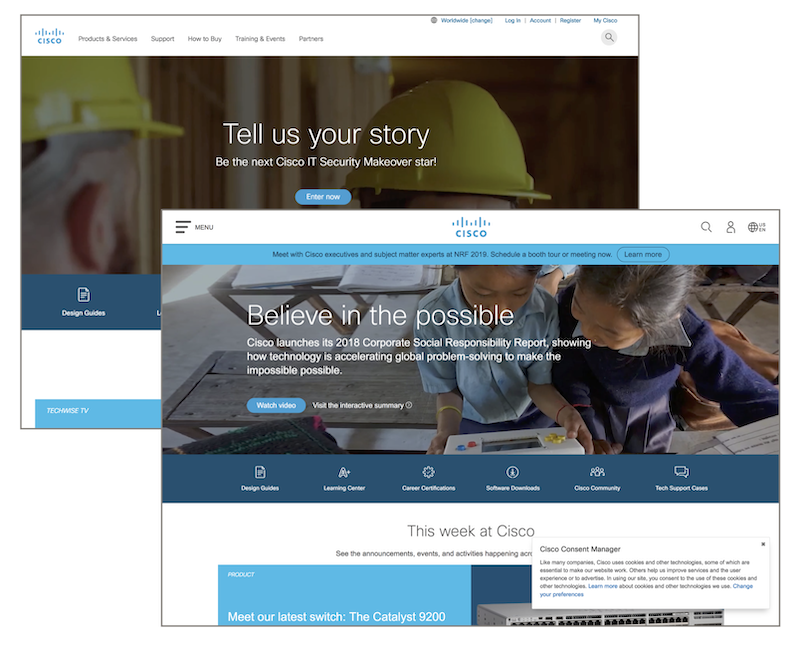 Cisco Systemsの.comサイト、トップページの新旧比較（奥が旧デザイン、手前が新デザイン）