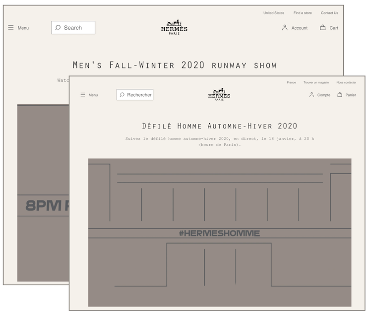 Hermèsの.comサイト（左）とフランス向けサイト（右）
