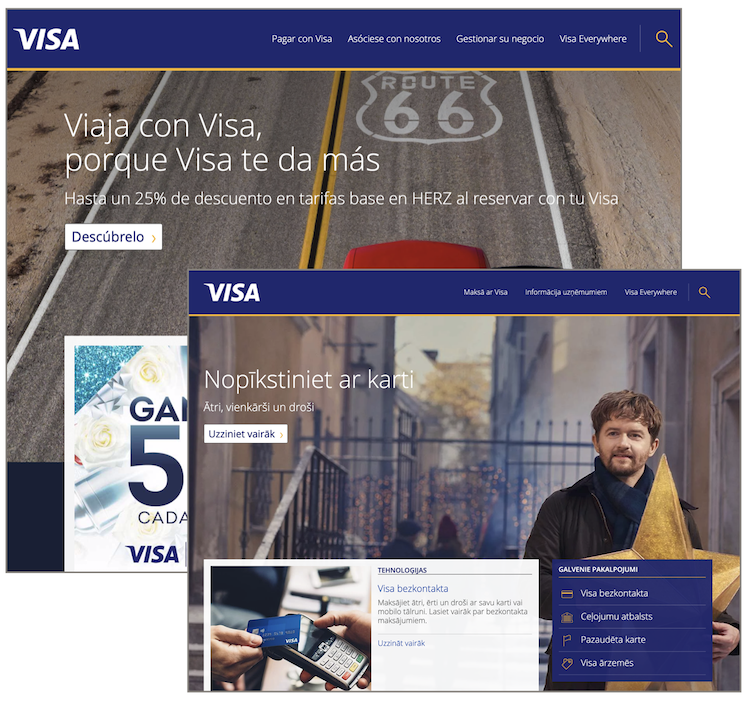 Visaのスペインとラトビア向けWebサイトのトップページ