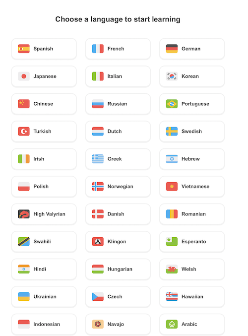 Duolingoの言語表示画面。言語のラベルの横に国旗が掲載されている。