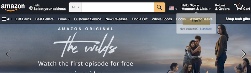 アメリカ向けのAmazonのWebサイトの画面キャプチャ
