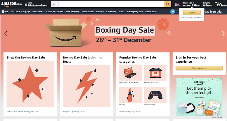 イギリスのAmazonのWebサイト。ボクシング・デーを祝したキャンペーンを展開している