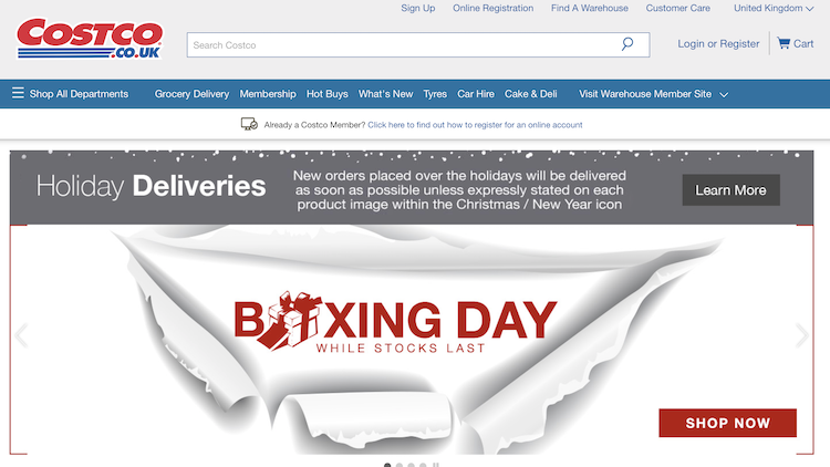 イギリスのCostcoのWebサイト。ボクシング・デーを前面に打ち出している