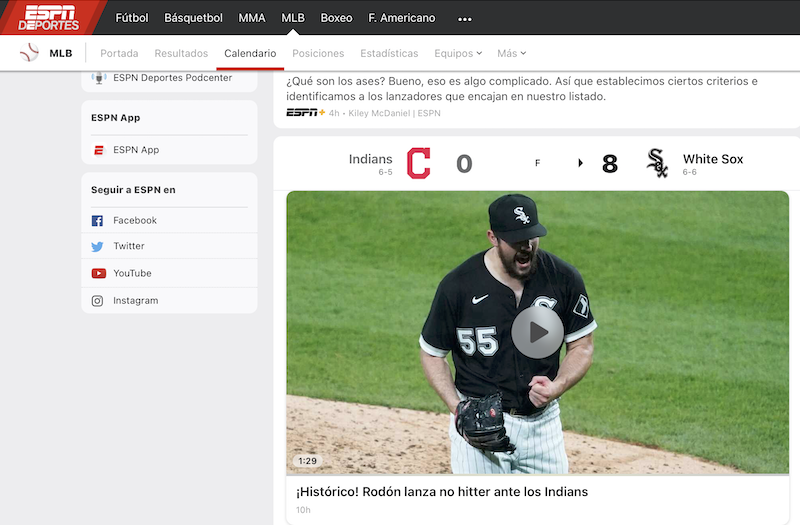 ESPN Deportesのサイト。表記はアクセント付きの文字を含む「Rodón」となっている。