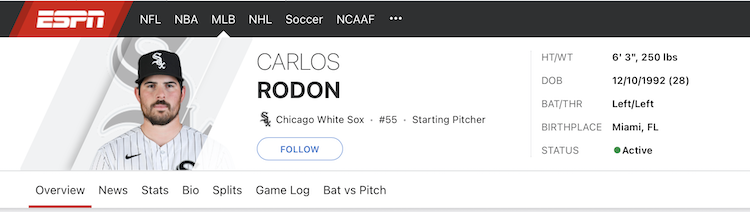 ESPNの経歴ページ。表記はアクセント付きの文字を含まない「Rodon」。