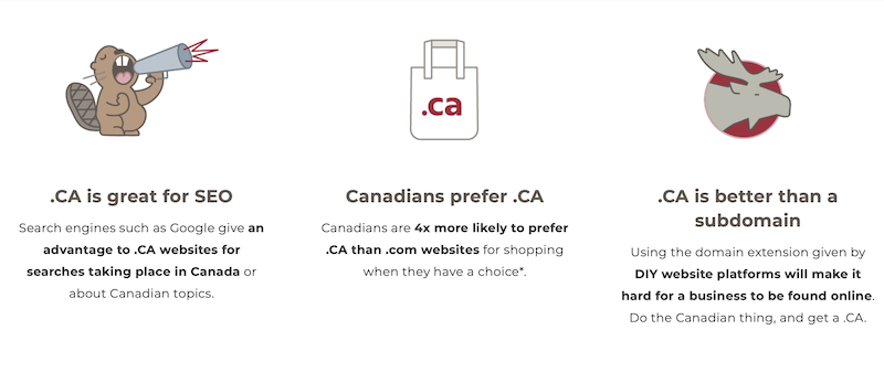 CIRAのWebサイトからの引用。.CAドメインはSEOに優れ、またカナダ人からの評価が良く、またサブドメインより優れているとあります。