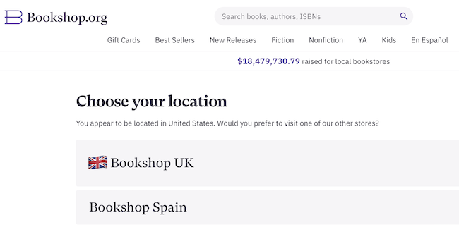 Bookshop.orgのグローバルゲートウェイに見られる国旗