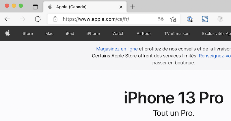Appleのサイト。URLはhttps://www.apple.com/ca/fr/